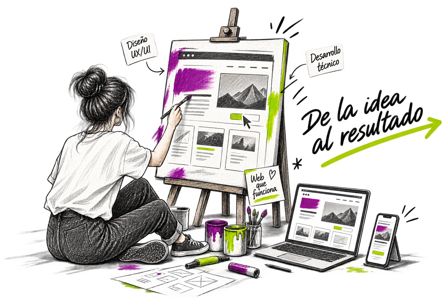 Ilustración del proceso creativo de desarrollo web con diseño UX, desarrollo técnico, ordenador portátil y versión móvil